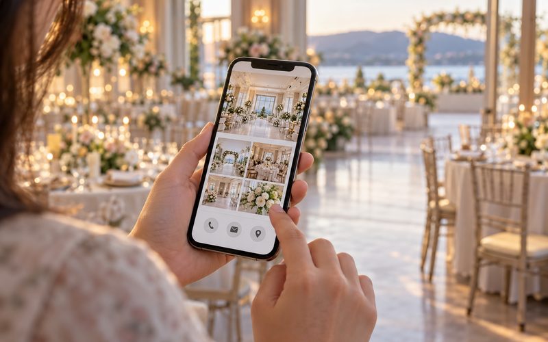 Telefonda düğün salonu görsellerini inceleyen kişi
