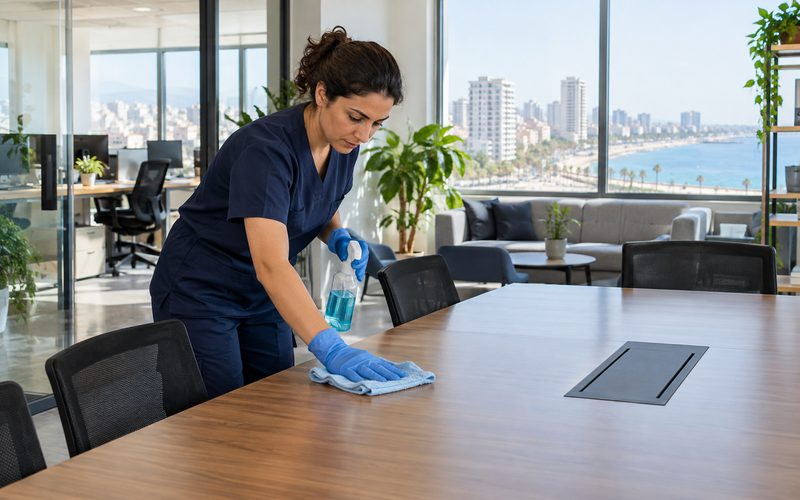 Mersin'de bir ofisin toplantı masasını temizleyen görevli