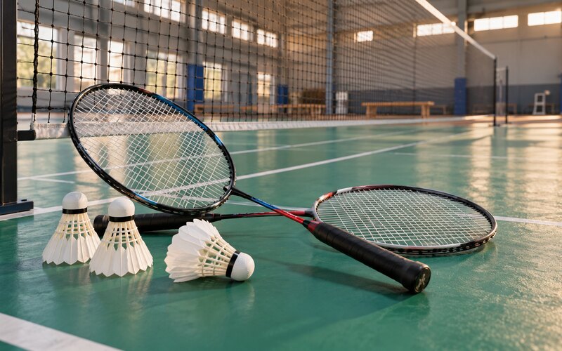 Spor salonunda badminton raketleri ve tüy top