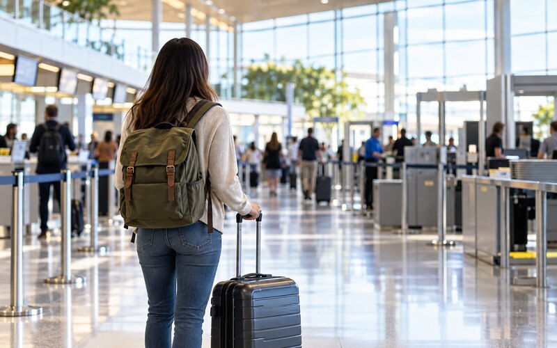Havalimanı terminalinde valiziyle uçuşa hazırlanan yolcu