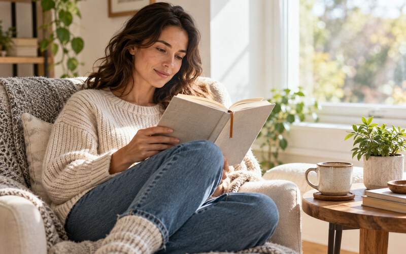 Sessiz bir köşede kitap okuma alışkanlığı oluşturan yetişkin