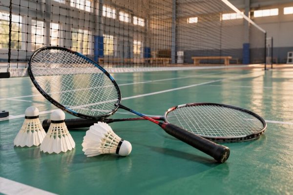 Spor salonunda badminton raketleri ve tüy top