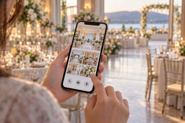 Telefonda düğün salonu görsellerini inceleyen kişi