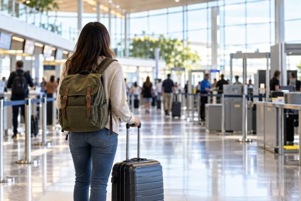 Havalimanı terminalinde valiziyle uçuşa hazırlanan yolcu