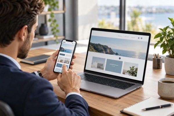 İşletme sahibi kurumsal sitenin telefon görünümünü test ediyor