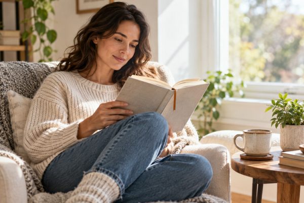 Sessiz bir köşede kitap okuma alışkanlığı oluşturan yetişkin