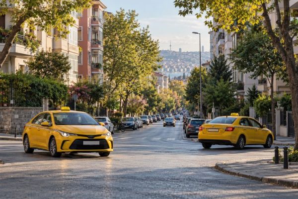 Ağaçlarla çevrili şehir sokağında iki sarı taksi