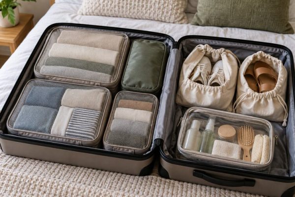 Yatak üzerinde düzenli paketleme küpleriyle hazırlanan açık seyahat valizi